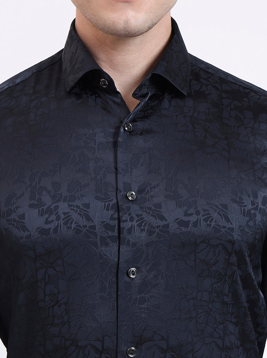 Dark Blue Printed Slim Fit Party Wear Shirt | Wyre