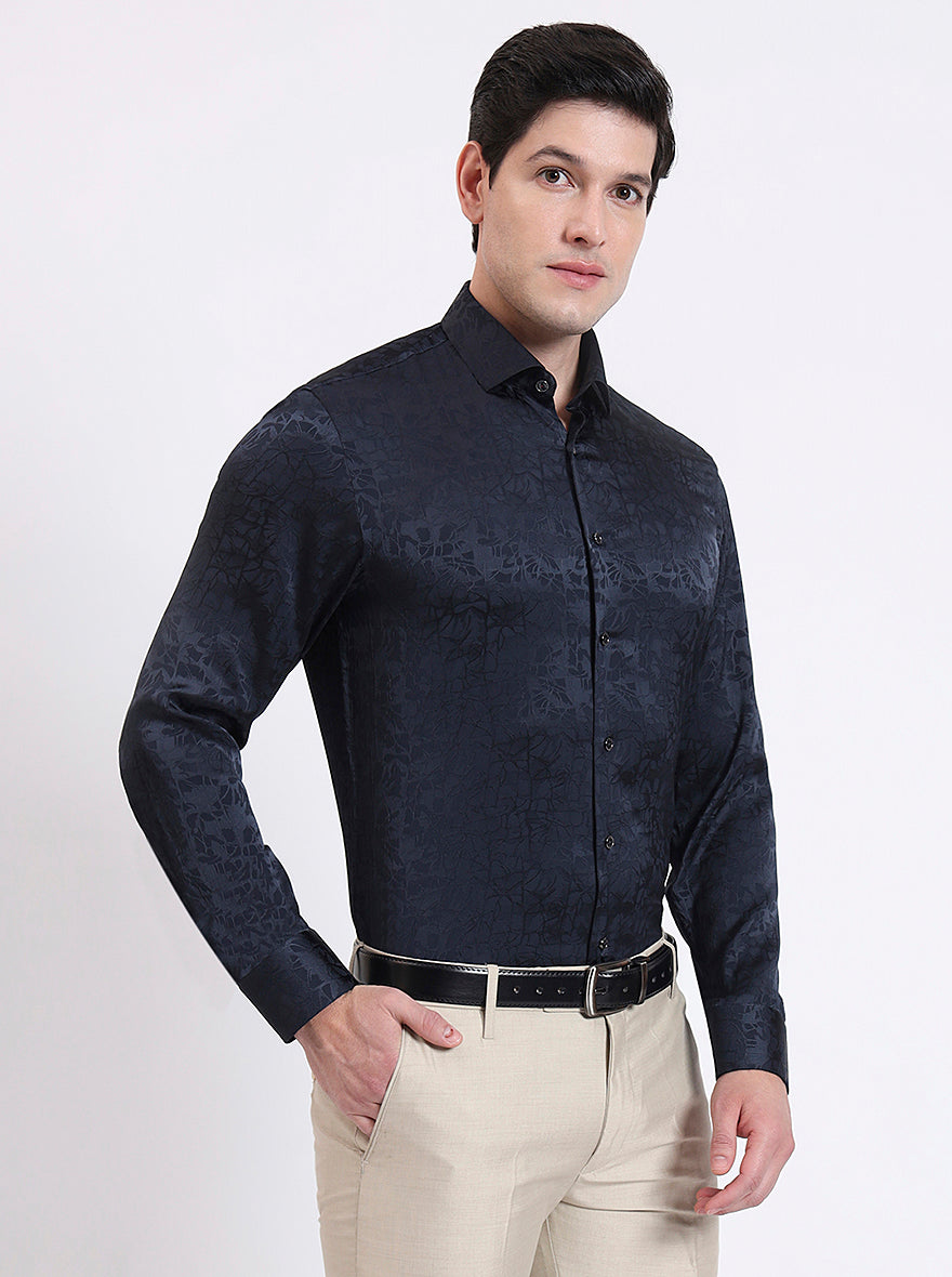Dark Blue Printed Slim Fit Party Wear Shirt | Wyre