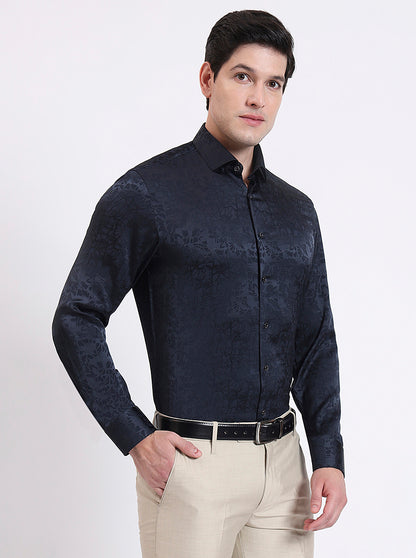 Dark Blue Printed Slim Fit Party Wear Shirt | Wyre