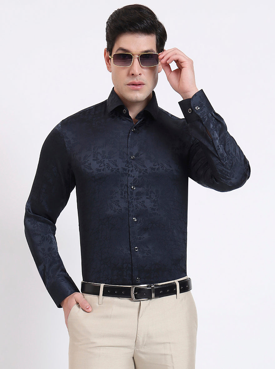 Dark Blue Printed Slim Fit Party Wear Shirt | Wyre