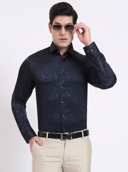 Dark Blue Printed Slim Fit Party Wear Shirt | Wyre