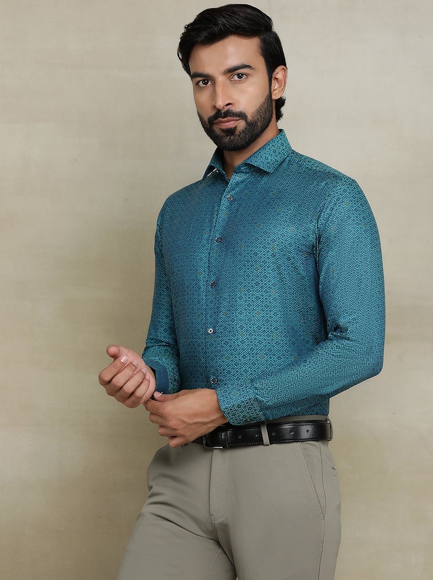 Peacock Blue Printed Slim fit Party Wear Shirt | Wyre