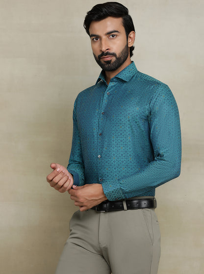 Peacock Blue Printed Slim fit Party Wear Shirt | Wyre