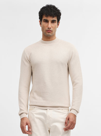 Beige Striped Slim Fit Winter T-Shirt | JadeBlue
