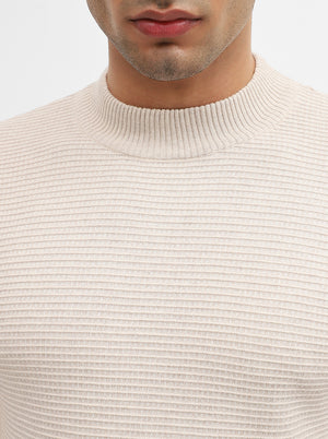 Beige Striped Slim Fit Winter T-Shirt | JadeBlue