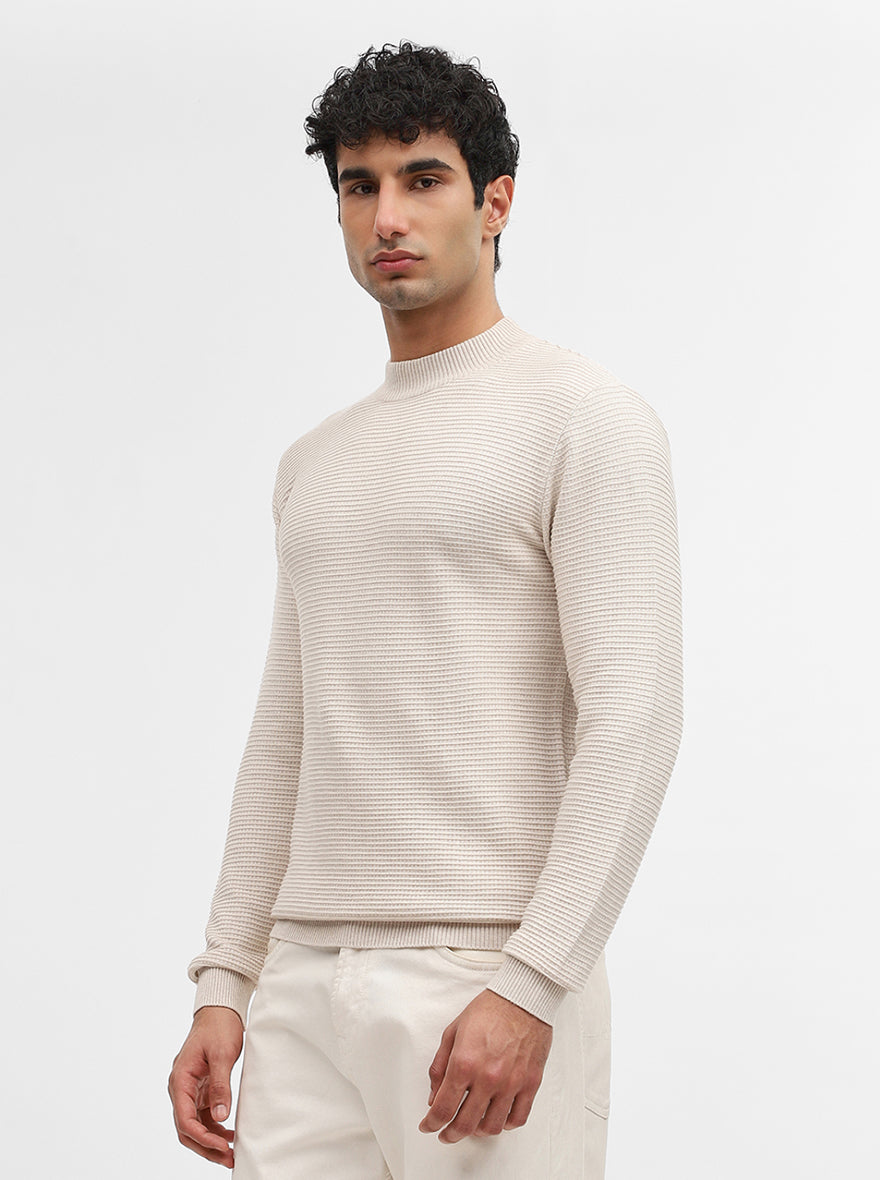 Beige Striped Slim Fit Winter T-Shirt | JadeBlue