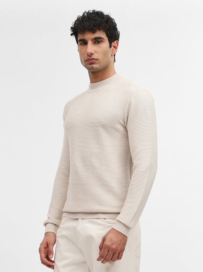 Beige Striped Slim Fit Winter T-Shirt | JadeBlue