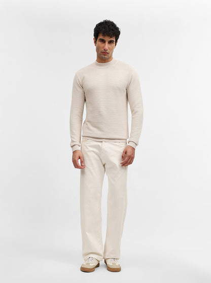 Beige Striped Slim Fit Winter T-Shirt | JadeBlue