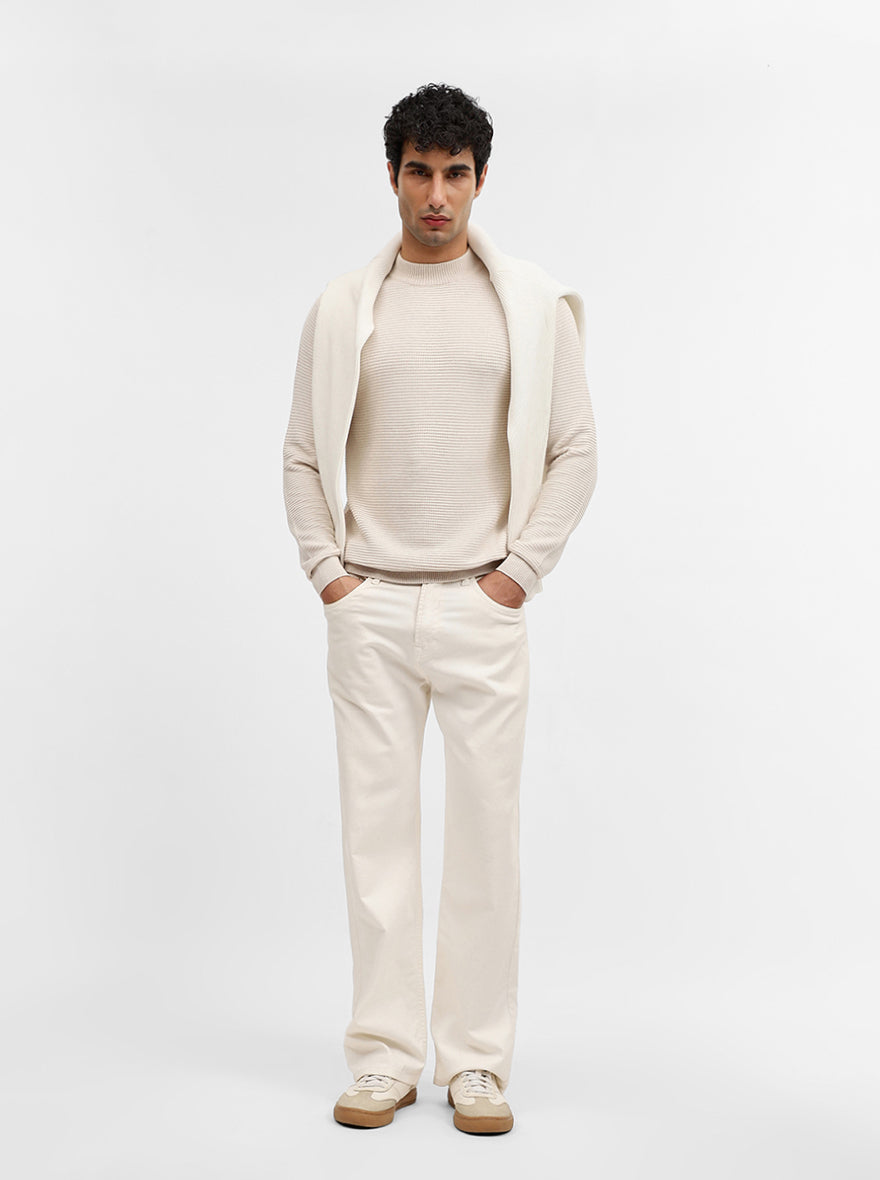 Beige Striped Slim Fit Winter T-Shirt | JadeBlue