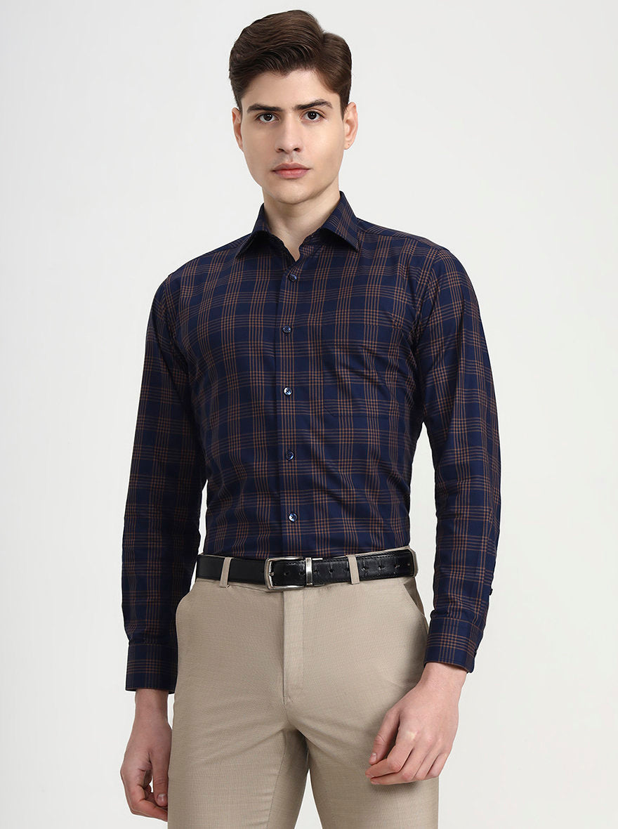 Blue & Brown Checked Slim Fit Formal Shirt | Metal