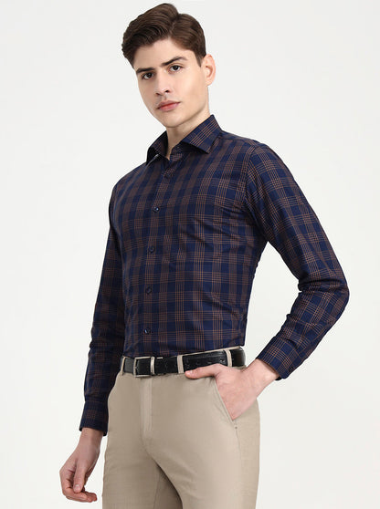 Blue & Brown Checked Slim Fit Formal Shirt | Metal