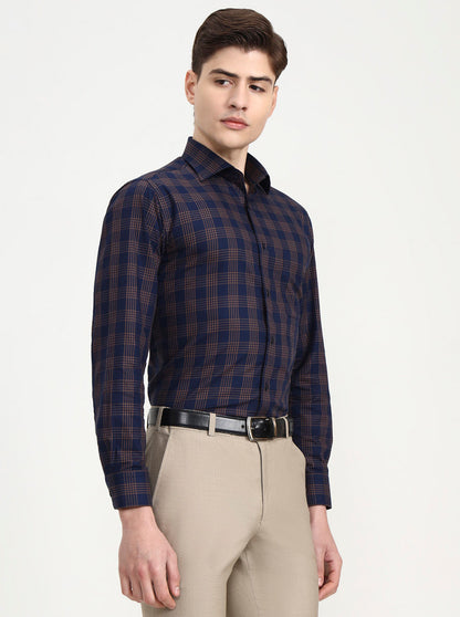 Blue & Brown Checked Slim Fit Formal Shirt | Metal