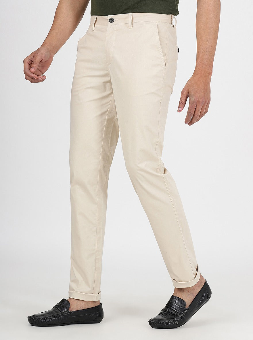 Beige Solid Uno Fit Casual Trouser | JadeBlue