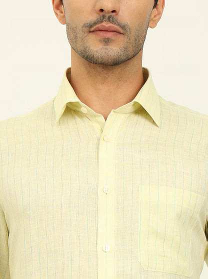 Lemon Yellow Striped Regular Fit Formal Shirt | JadeBlue