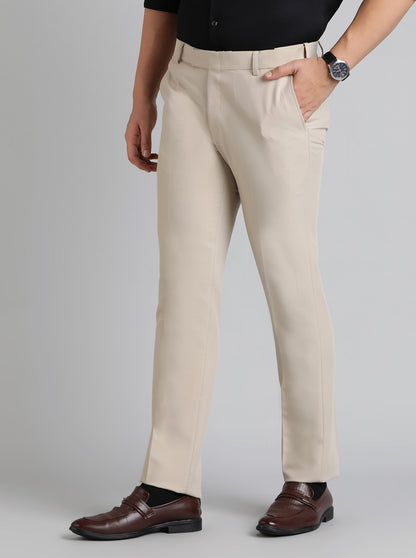 Cream Solid Slim Fit Formal Trouser | Metal