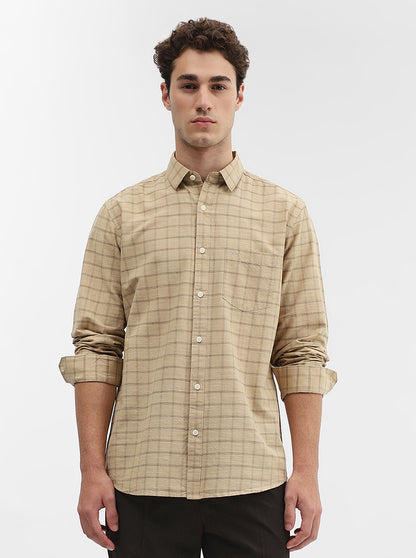Khaki Checked Slim Fit Casual Shirt | JadeBlue