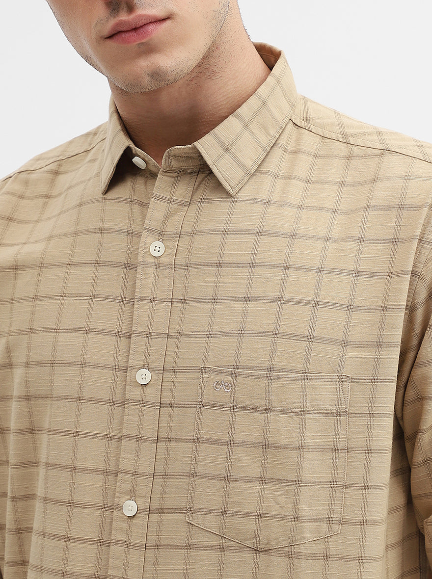Khaki Checked Slim Fit Casual Shirt | JadeBlue