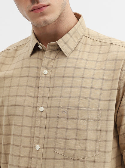 Khaki Checked Slim Fit Casual Shirt | JadeBlue
