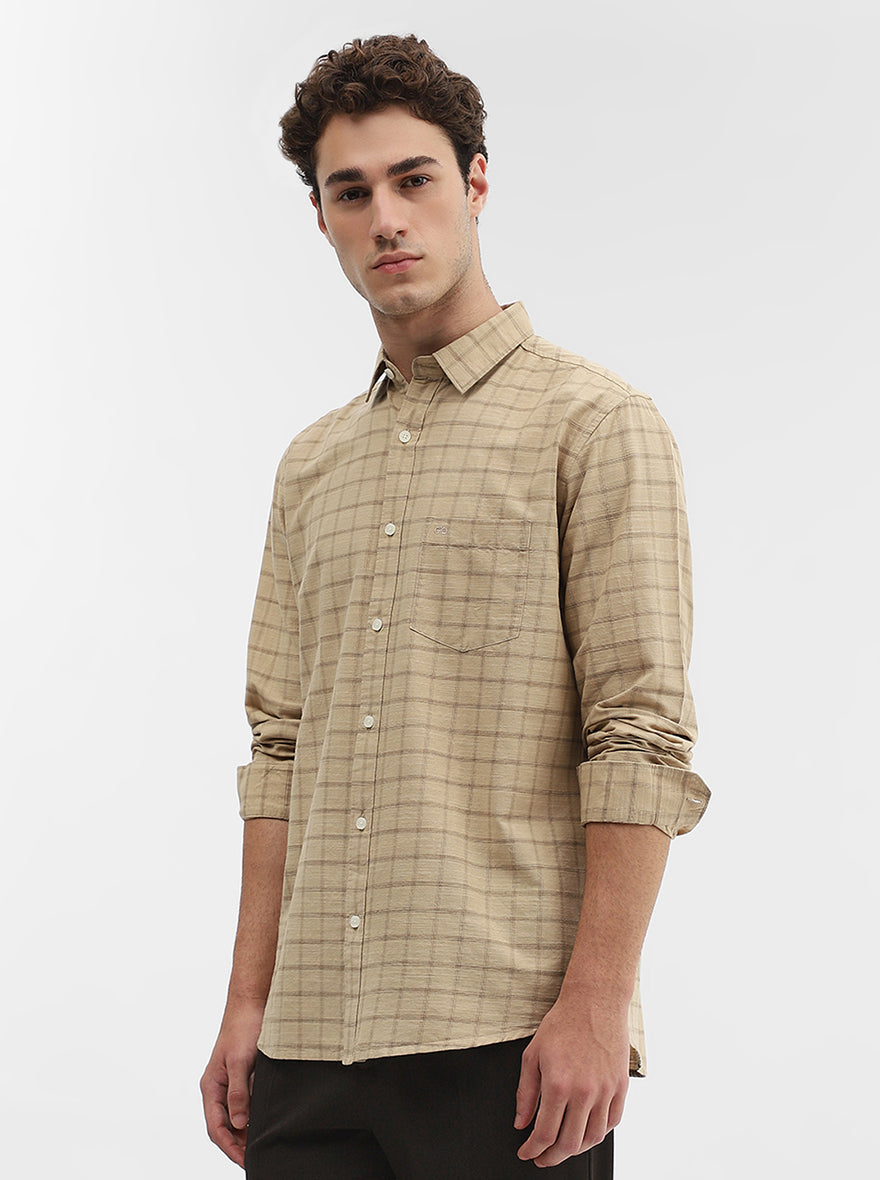 Khaki Checked Slim Fit Casual Shirt | JadeBlue