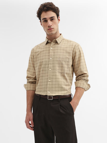 Khaki Checked Slim Fit Casual Shirt | JadeBlue