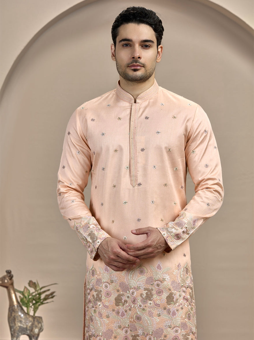 Peach & Golden Embroidered Kurta Pajama | Virasana