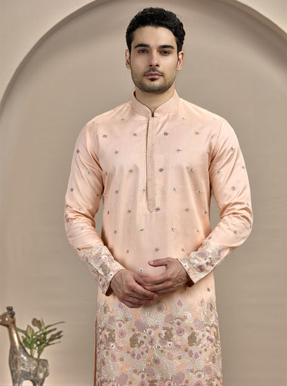 Peach & Golden Embroidered Kurta Pajama | Virasana