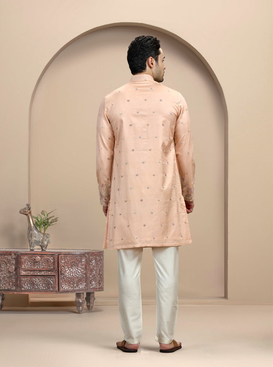 Peach & Golden Embroidered Kurta Pajama | Virasana