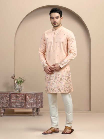 Peach & Golden Embroidered Kurta Pajama | Virasana