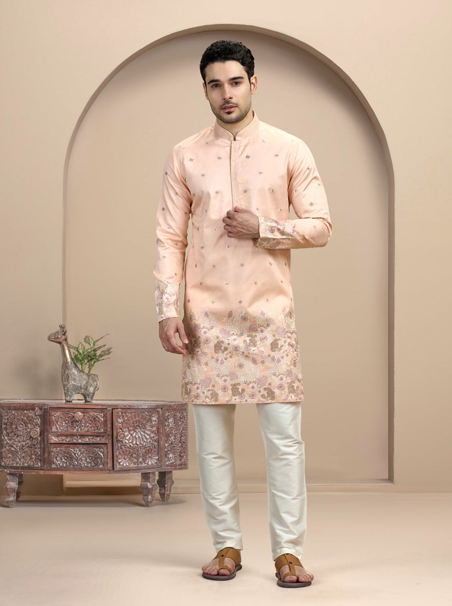 Peach & Golden Embroidered Kurta Pajama | Virasana