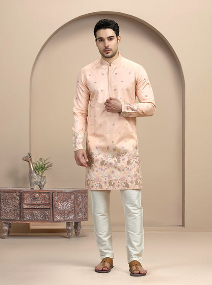 Peach & Golden Embroidered Kurta Pajama | Virasana