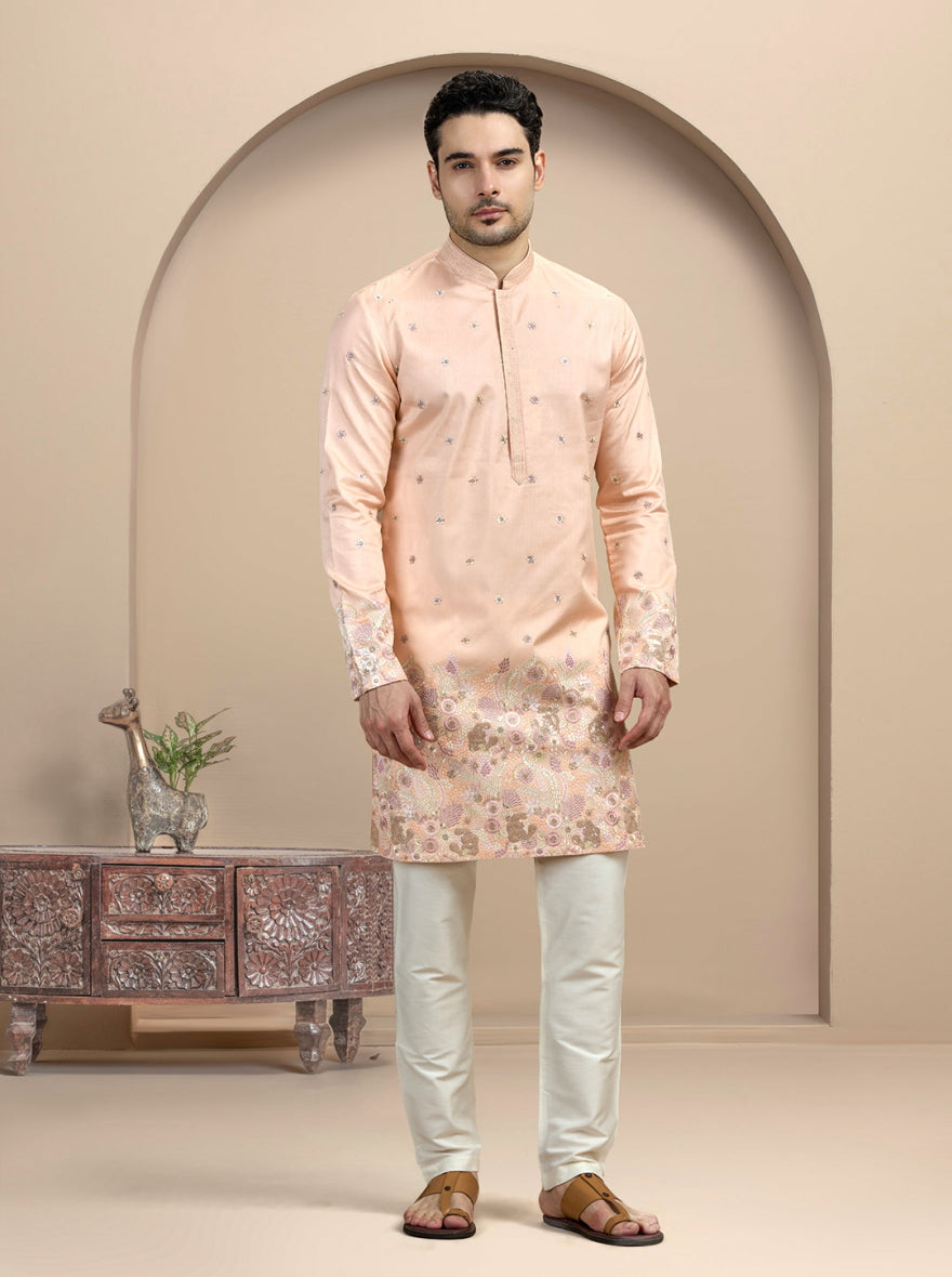 Peach & Golden Embroidered Kurta Pajama | Virasana