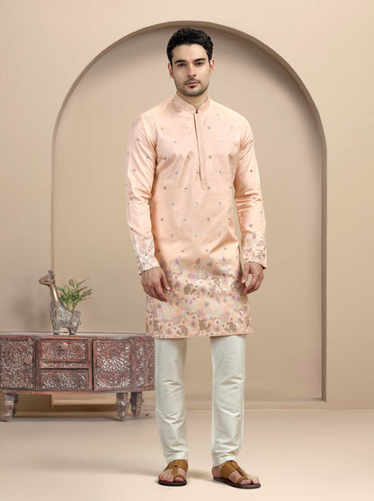Peach & Golden Embroidered Kurta Pajama | Virasana
