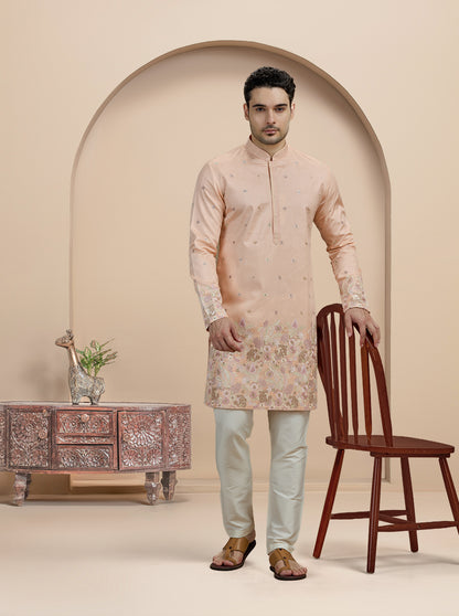 Peach & Golden Embroidered Kurta Pajama | Virasana