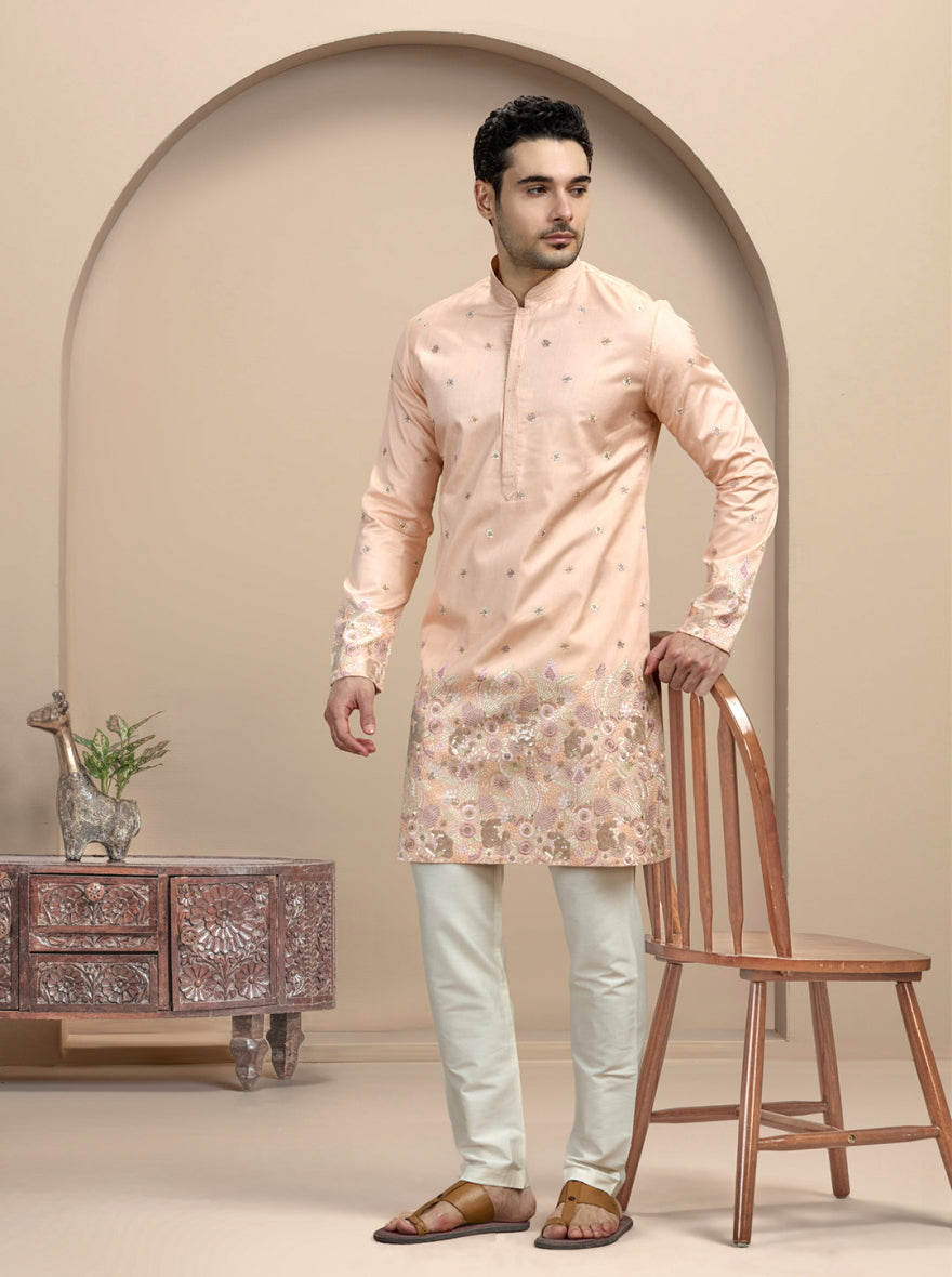 Peach & Golden Embroidered Kurta Pajama | Virasana