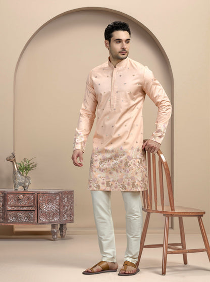 Peach & Golden Embroidered Kurta Pajama | Virasana