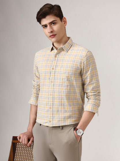 Yellow Checked Slim Fit Casual Shirt | JadeBlue