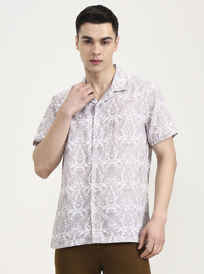 White & Grey Printed Slim Fit Party Wear Shirt | Wyre
