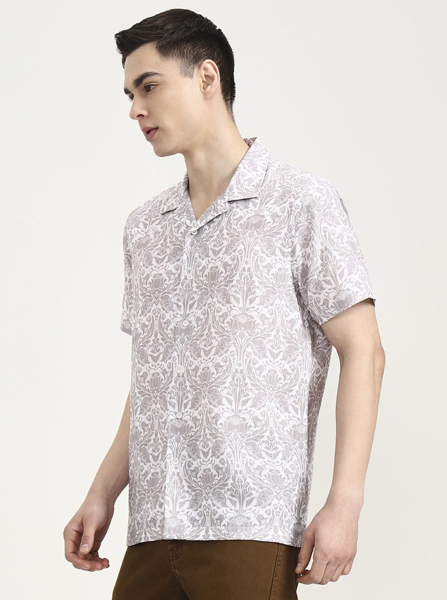 White & Grey Printed Slim Fit Party Wear Shirt | Wyre