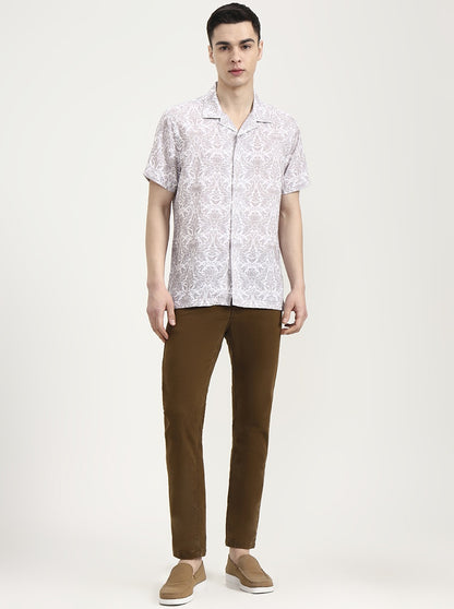 White & Grey Printed Slim Fit Party Wear Shirt | Wyre