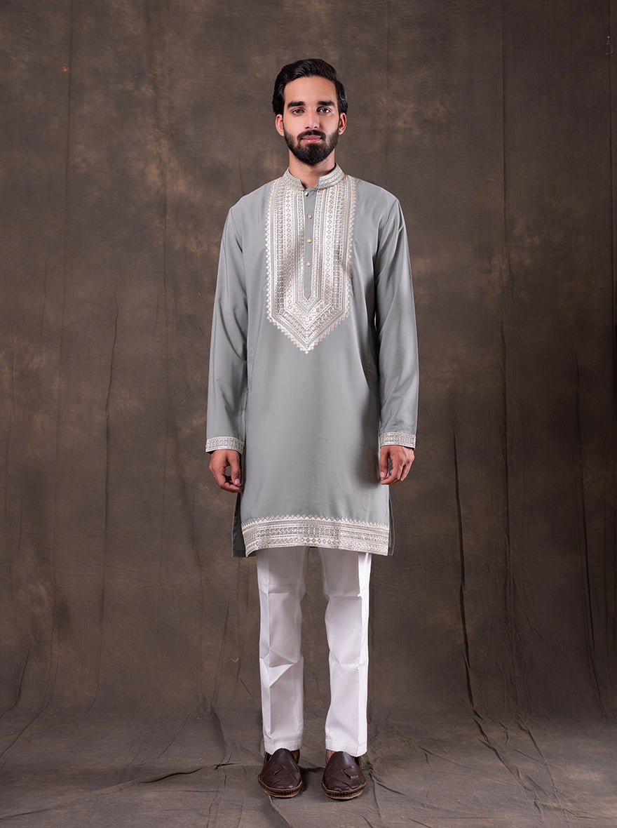 Grey & Mint Embroidered  Kurta Pajama | Virasana