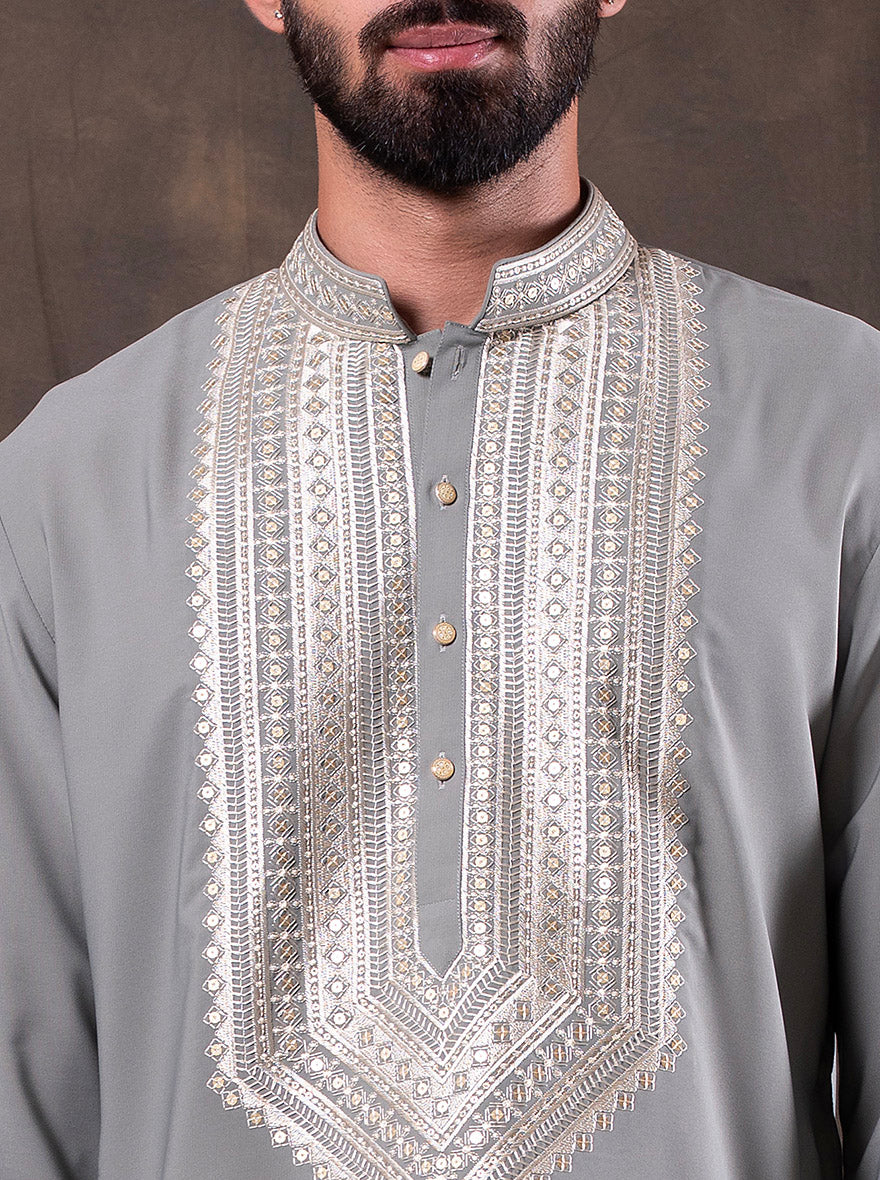 Grey & Mint Embroidered  Kurta Pajama | Virasana