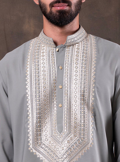 Grey & Mint Embroidered  Kurta Pajama | Virasana