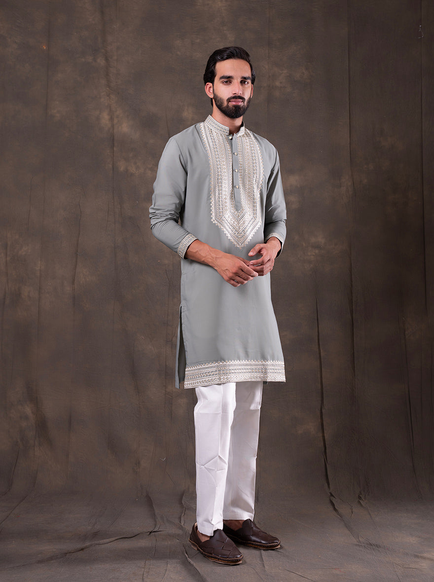 Grey & Mint Embroidered  Kurta Pajama | Virasana