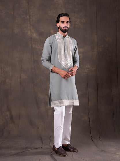 Grey & Mint Embroidered  Kurta Pajama | Virasana