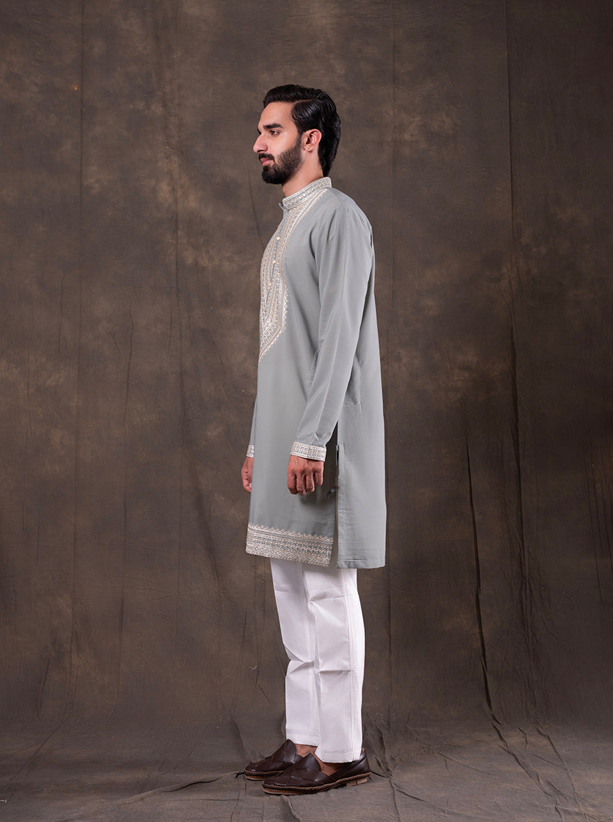 Grey & Mint Embroidered  Kurta Pajama | Virasana