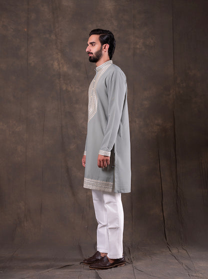 Grey & Mint Embroidered  Kurta Pajama | Virasana