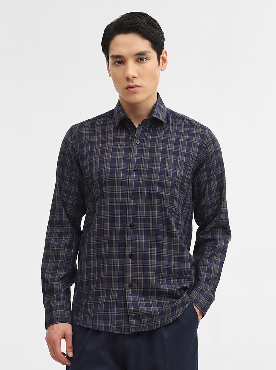 Navy Blue Checked Tailored Fit Semi Casual Shirt | Greenfibre