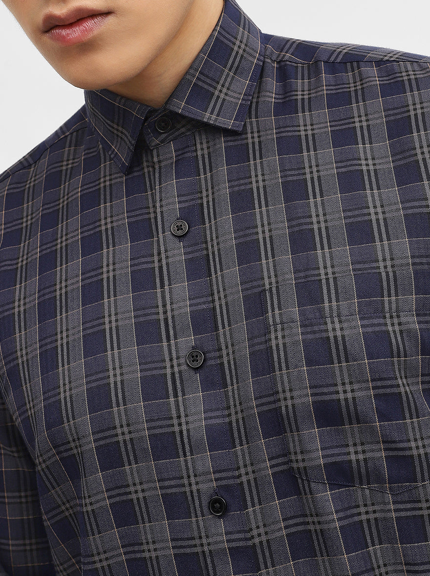 Navy Blue Checked Tailored Fit Semi Casual Shirt | Greenfibre