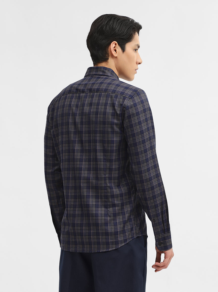 Navy Blue Checked Tailored Fit Semi Casual Shirt | Greenfibre