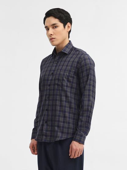 Navy Blue Checked Tailored Fit Semi Casual Shirt | Greenfibre